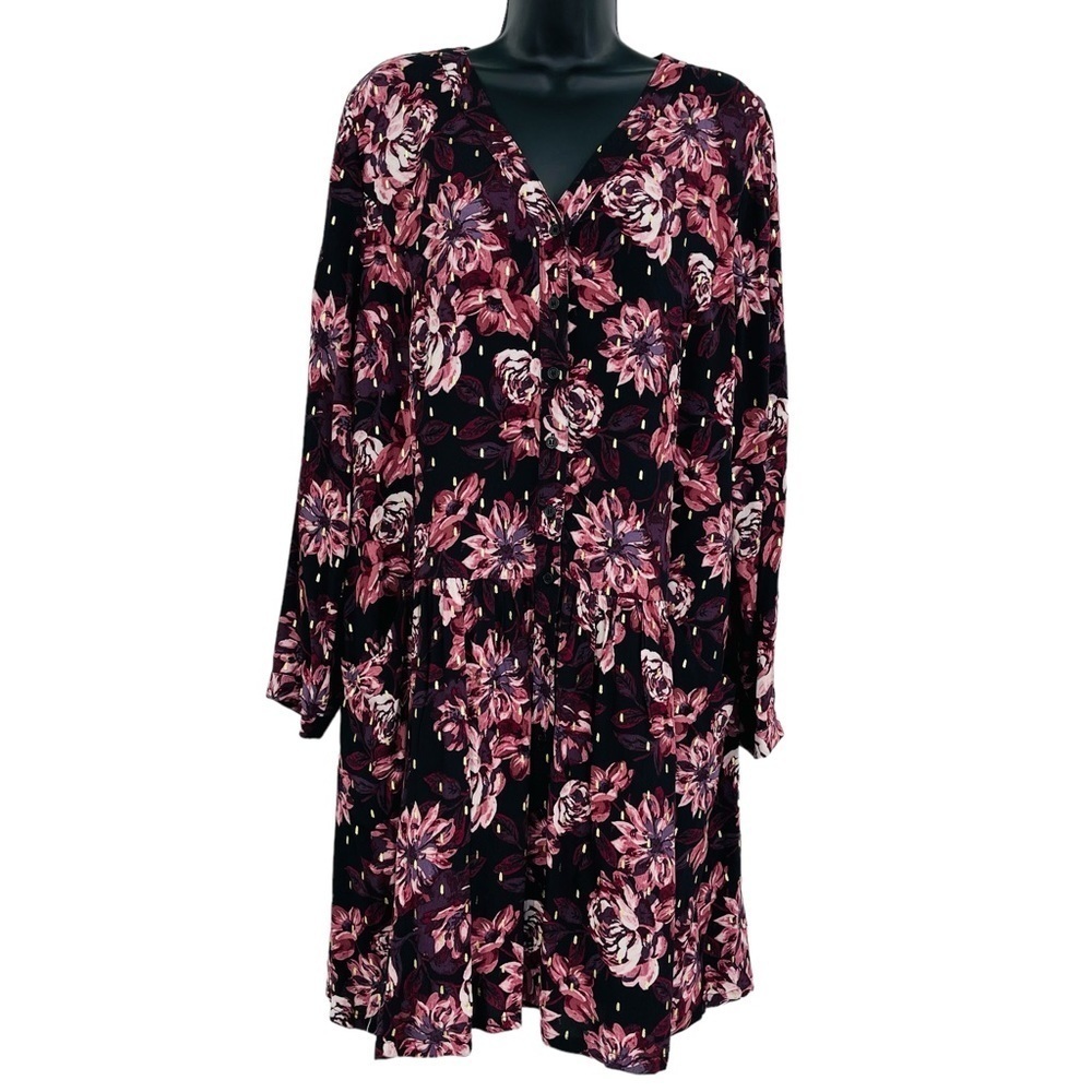 Garnet Hill Dropwaist button up dress v neck pockets‎ floral metallic size 14